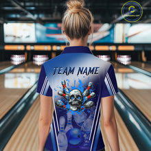 Load image into Gallery viewer, Personalized Blue Gradient Skull Bowling Shirts For Women Custom Bowling Team Jerseys Gift For Bowler NQS11138