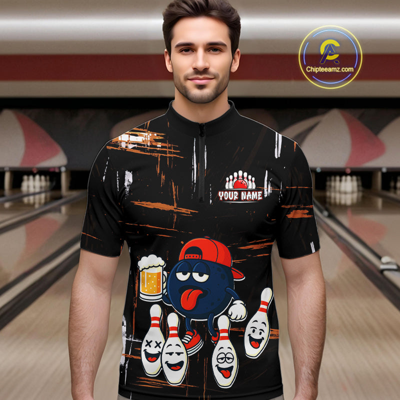 Custom Black And Orange Funny Beer Bowling Men Polo, Quarter Zip Shirts, funny bowling shirts NQS10959