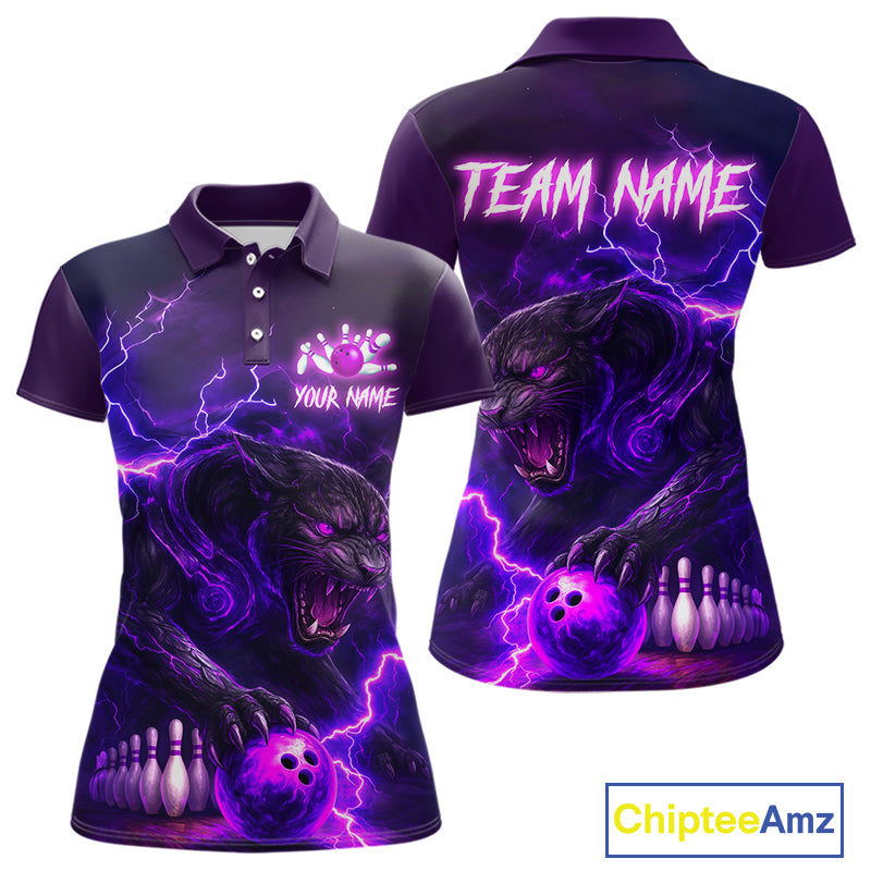 Purple Thunder Lightning Custom Panther Bowling Polo, 1/4 zip Shirt For Women, Panther Bowling Jersey NQS10789