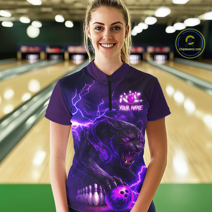 Purple Thunder Lightning Custom Panther Bowling Polo, 1/4 zip Shirt For Women, Panther Bowling Jersey NQS10789