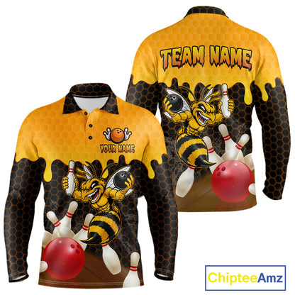 Custom Black and Yellow Honey Pattern Angry Bee Bowling Team Shirts For Men, Bowling League Shirts NQS11705