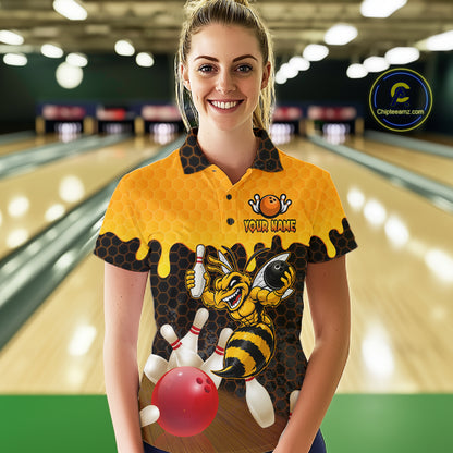Custom Black and Yellow Honey Pattern Angry Bee Bowling Team Shirts For Women, Bowling League Shirts NQS11705