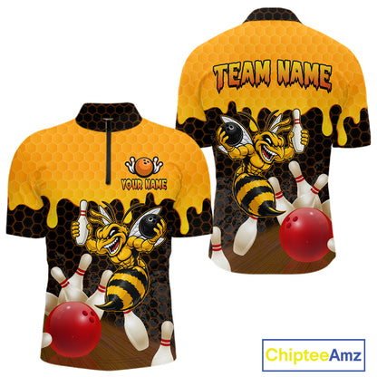 Custom Black and Yellow Honey Pattern Angry Bee Bowling Team Shirts For Men, Bowling League Shirts NQS11705