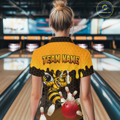 Custom Black and Yellow Honey Pattern Angry Bee Bowling Team Shirts For Women, Bowling League Shirts NQS11705