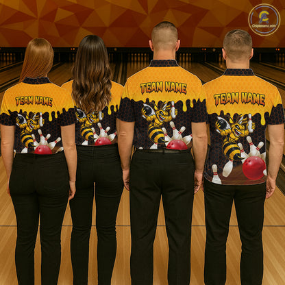 Custom Black and Yellow Honey Pattern Angry Bee Bowling Team Shirts For Women, Bowling League Shirts NQS11705