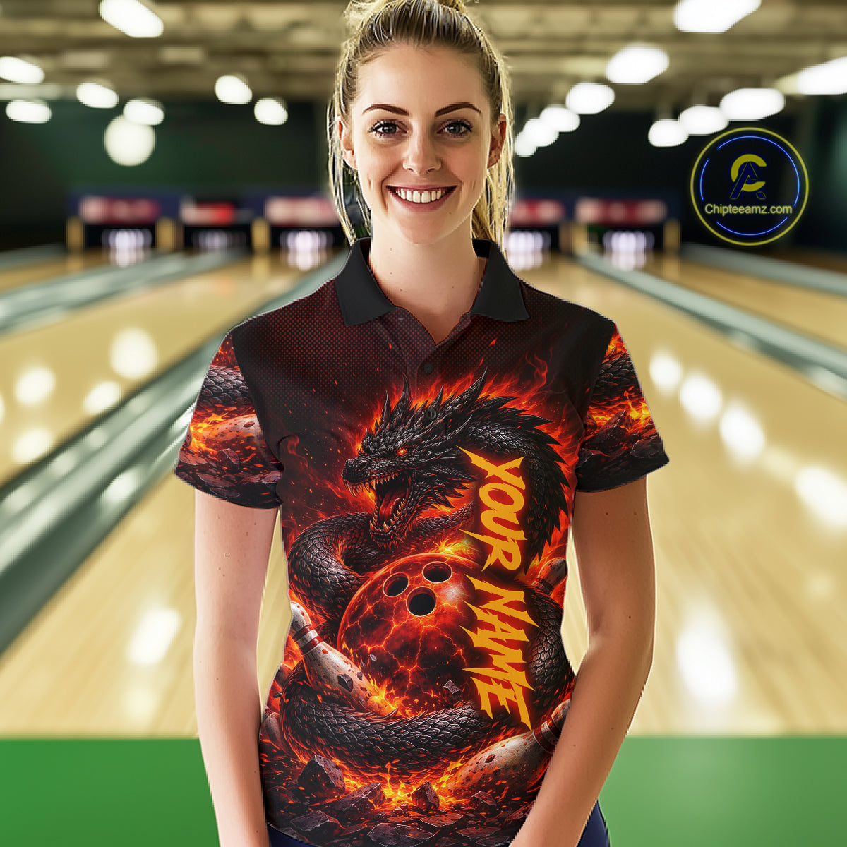 Custom Red Dragon Bowling Polo Shirts, Bowling 1/4 zip jersey For Women, Team Bowling League jerseys NQS11588