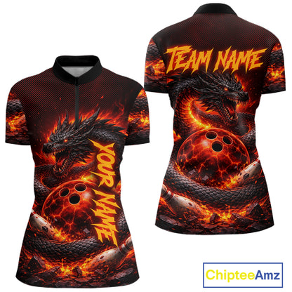 Custom Red Dragon Bowling Polo Shirts, Bowling 1/4 zip jersey For Women, Team Bowling League jerseys NQS11588