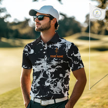 Load image into Gallery viewer, Black and Gray Camo Orange Disc Golf basket Mens Disc golf polo shirts Custom team disc golf jerseys NQS10796