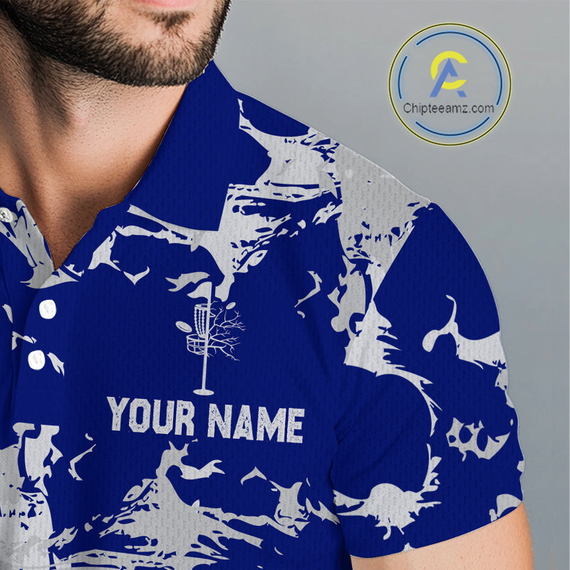 Blue and Gray Camo Disc Golf basket Mens Disc golf polo shirts Custom team disc golf jerseys NQS10797