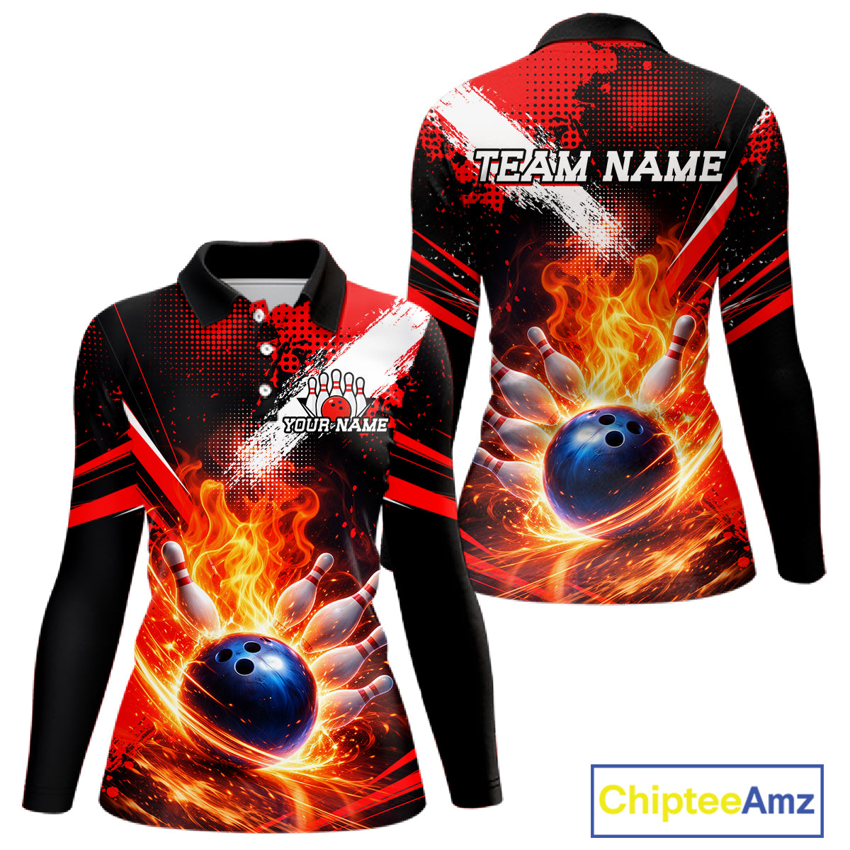 Custom Black and Red Flame Bowling Jersey Bowling Polo, 1/4 Zip Shirts for Women, Team bowling outfit NQS11595