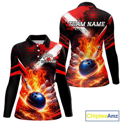 Custom Black and Red Flame Bowling Jersey Bowling Polo, 1/4 Zip Shirts for Women, Team bowling outfit NQS11595