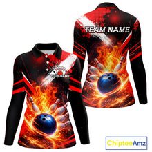 Load image into Gallery viewer, Custom Black and Red Flame Bowling Jersey Bowling Polo, 1/4 Zip Shirts for Women, Team bowling outfit NQS11595