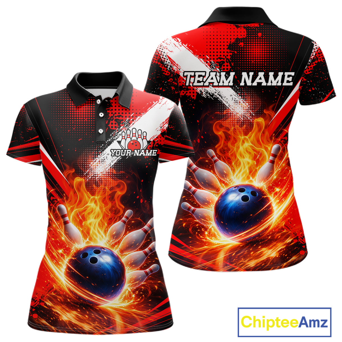 Custom Black and Red Flame Bowling Jersey Bowling Polo, 1/4 Zip Shirts for Women, Team bowling outfit NQS11595