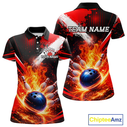 Custom Black and Red Flame Bowling Jersey Bowling Polo, 1/4 Zip Shirts for Women, Team bowling outfit NQS11595