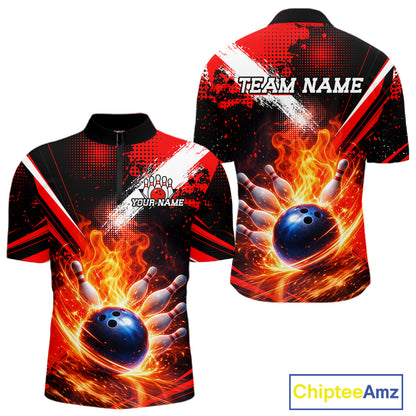 Custom Black and Red Flame Bowling Jersey Bowling Polo, 1/4 Zip Shirts for Men, Team bowling outfit NQS11595