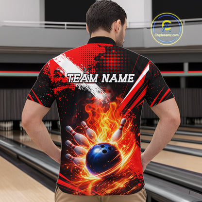 Custom Black and Red Flame Bowling Jersey Bowling Polo, 1/4 Zip Shirts for Men, Team bowling outfit NQS11595