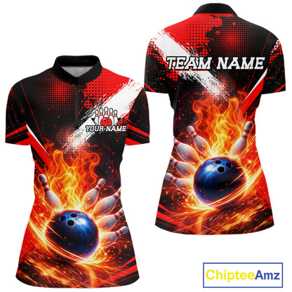 Custom Black and Red Flame Bowling Jersey Bowling Polo, 1/4 Zip Shirts for Women, Team bowling outfit NQS11595