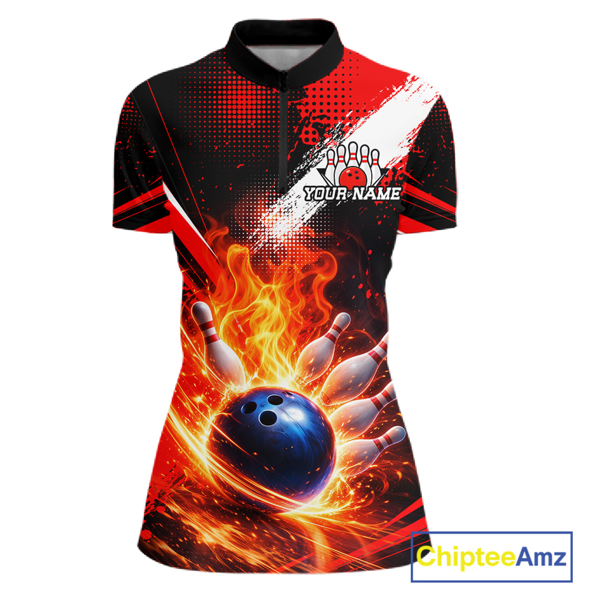 Custom Black and Red Flame Bowling Jersey Bowling Polo, 1/4 Zip Shirts for Women, Team bowling outfit NQS11595