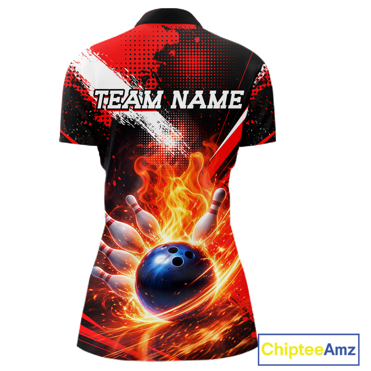 Custom Black and Red Flame Bowling Jersey Bowling Polo, 1/4 Zip Shirts for Women, Team bowling outfit NQS11595