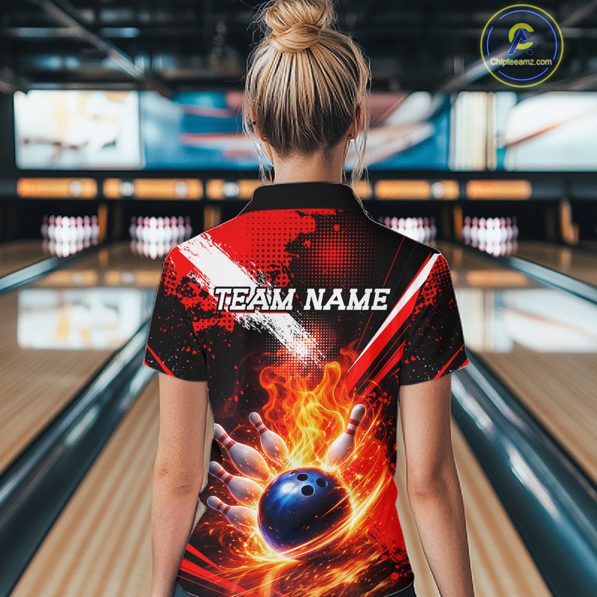 Custom Black and Red Flame Bowling Jersey Bowling Polo, 1/4 Zip Shirts for Women, Team bowling outfit NQS11595