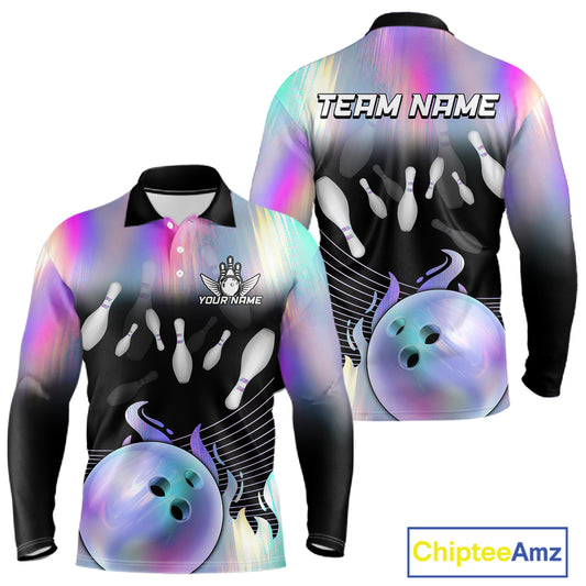 Bowling Polo Shirts For Men, 1/4 zip shirts Custom hologram Bowling Team Shirts Bowler Outfit NQS11385