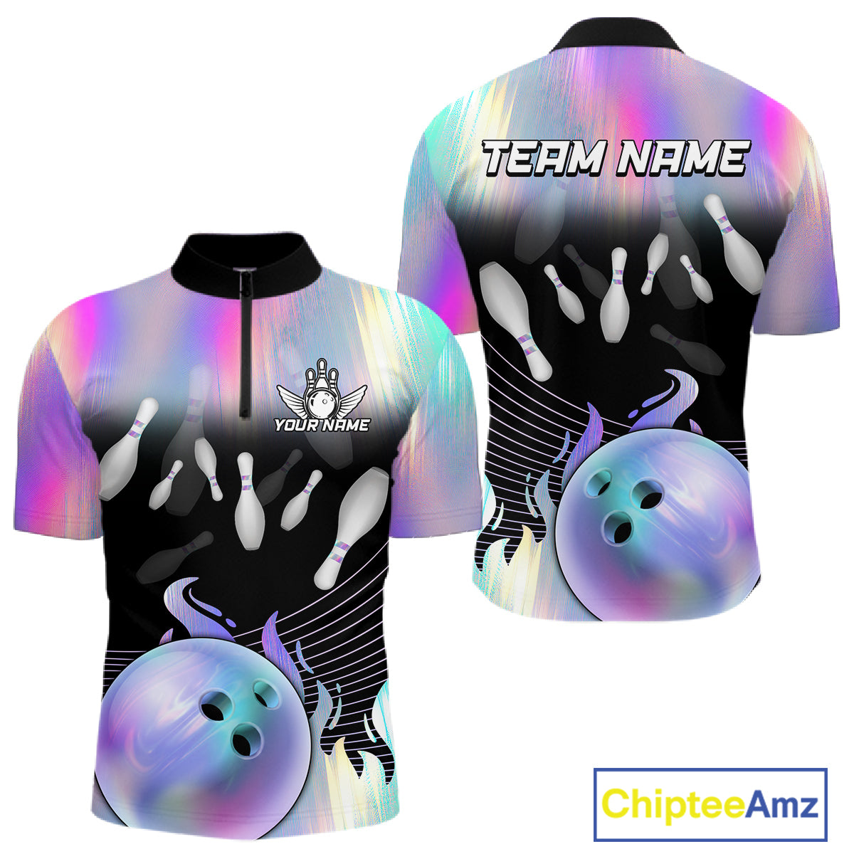 Bowling Polo Shirts For Men, 1/4 zip shirts Custom hologram Bowling Team Shirts Bowler Outfit NQS11385