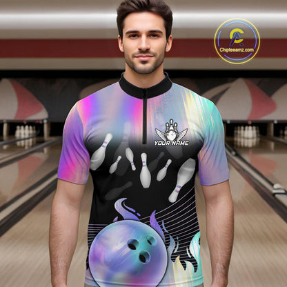 Bowling Polo Shirts For Men, 1/4 zip shirts Custom hologram Bowling Team Shirts Bowler Outfit NQS11385