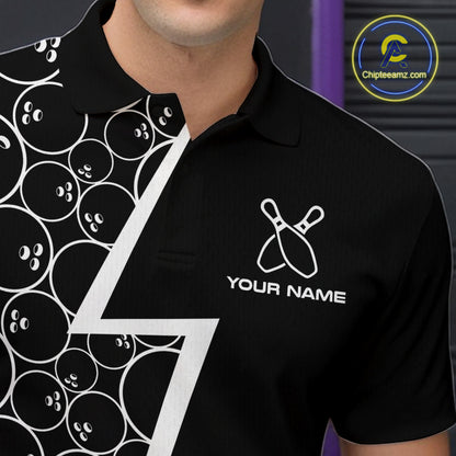Black & White Lightning Camo Bowling Polo, Quarter Zip Shirt For Men Custom Team Bowling Jersey NQS10854