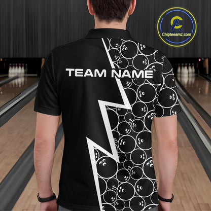 Black & White Lightning Camo Bowling Polo, Quarter Zip Shirt For Men Custom Team Bowling Jersey NQS10854