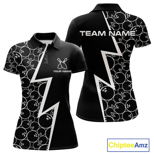 Black & White Lightning Camo Bowling Polo, Quarter Zip Shirt For Women Custom Team Bowling Jersey NQS10854