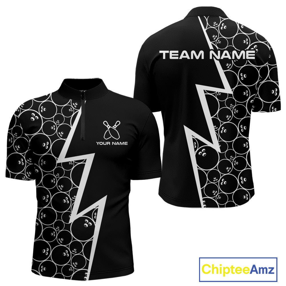 Black & White Lightning Camo Bowling Polo, Quarter Zip Shirt For Men Custom Team Bowling Jersey NQS10854