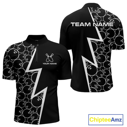 Black & White Lightning Camo Bowling Polo, Quarter Zip Shirt For Men Custom Team Bowling Jersey NQS10854