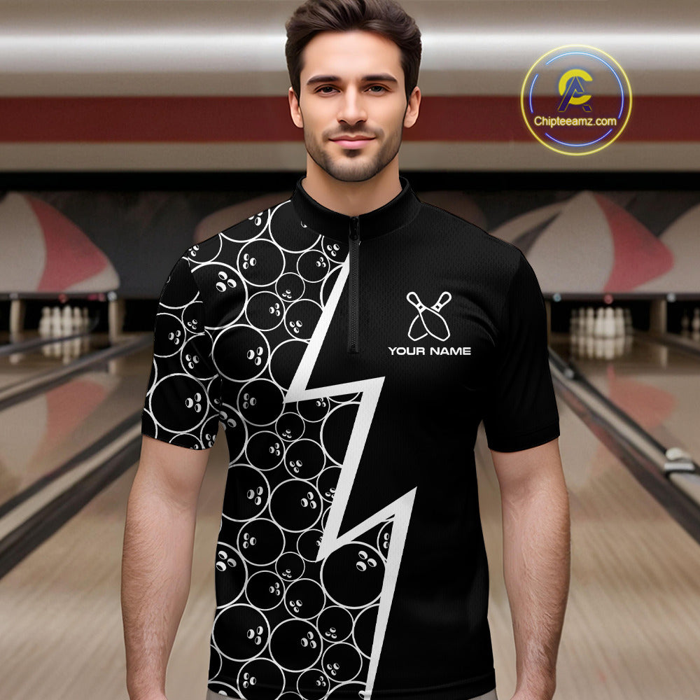 Black & White Lightning Camo Bowling Polo, Quarter Zip Shirt For Men Custom Team Bowling Jersey NQS10854