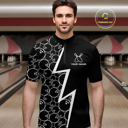 Black & White Lightning Camo Bowling Polo, Quarter Zip Shirt For Men Custom Team Bowling Jersey NQS10854