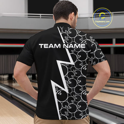 Black & White Lightning Camo Bowling Polo, Quarter Zip Shirt For Men Custom Team Bowling Jersey NQS10854