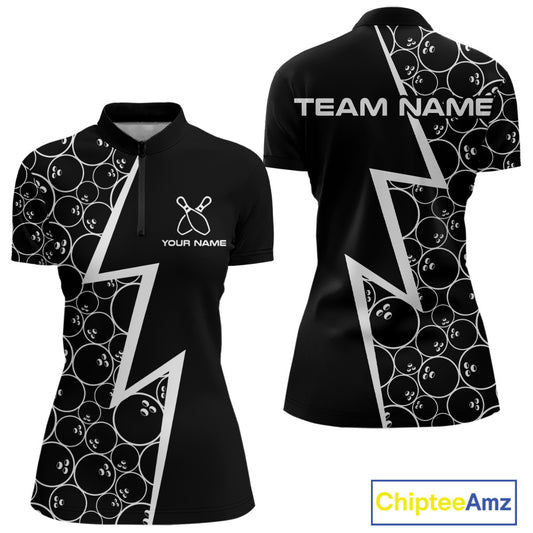 Black & White Lightning Camo Bowling Polo, Quarter Zip Shirt For Women Custom Team Bowling Jersey NQS10854