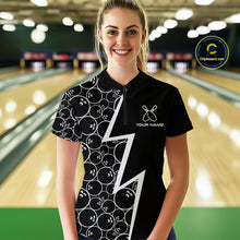 Load image into Gallery viewer, Black &amp; White Lightning Camo Bowling Polo, Quarter Zip Shirt For Women Custom Team Bowling Jersey NQS10854