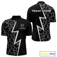 Load image into Gallery viewer, Black &amp; White Lightning Camo Bowling Polo, Quarter Zip Shirt For Men Custom Team Bowling Jersey NQS10854