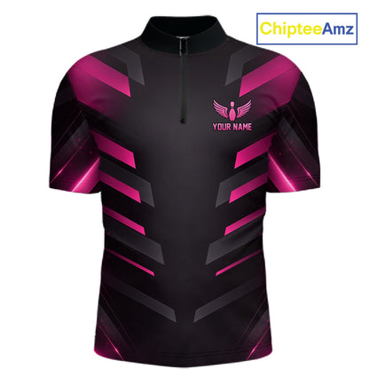Black and Pink Bowling Polo, Quarter Zip Shirts For Men Custom Team Bowling Jersey, Gift For Bowlers NQS11633