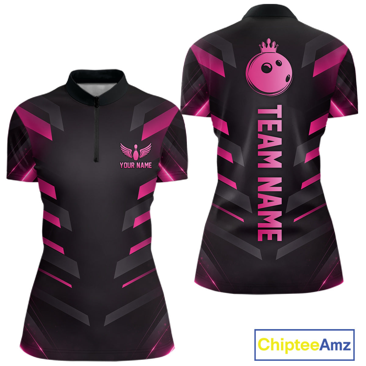 Black and Pink Bowling Polo, Quarter Zip Shirts For Women Custom Team Bowling Jersey, Gift For Bowler NQS11633
