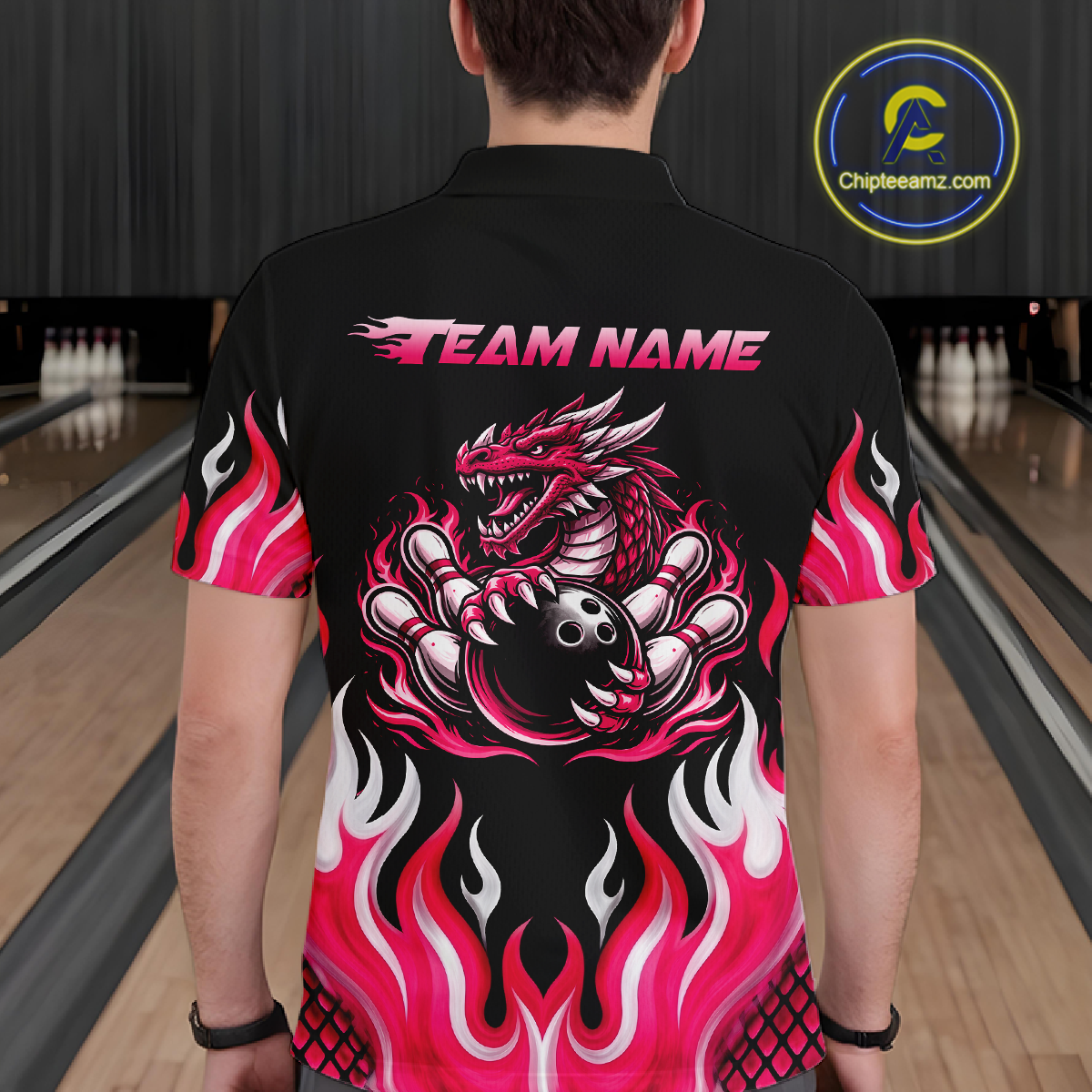 Black and Pink Flame Dragon Bowling Polo, 1/4 Zip Shirts For Men Custom Dragon Bowling Team Jerseys NQS11733