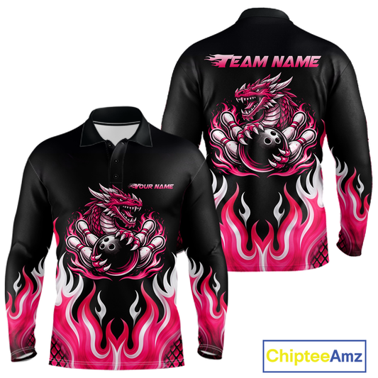 Black and Pink Flame Dragon Bowling Polo, 1/4 Zip Shirts For Men Custom Dragon Bowling Team Jerseys NQS11733