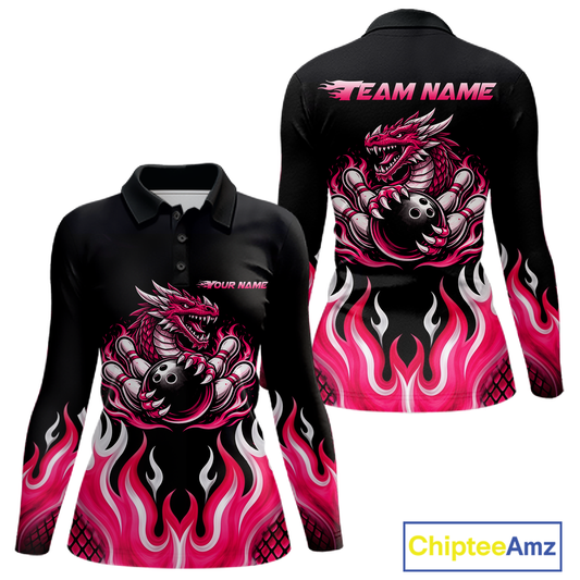 Black and Pink Flame Dragon Bowling Polo, 1/4 Zip Shirts For Women Custom Dragon Bowling Team Jerseys NQS11733
