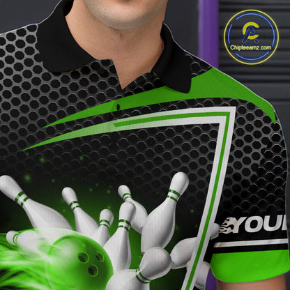 Black and Green Flame Bowling Shirts For Men Custom Team Bowling Jersey, Gift For Bowlers NQS10858