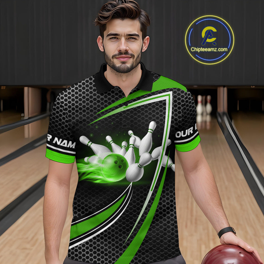 Black and Green Flame Bowling Shirts For Men Custom Team Bowling Jersey, Gift For Bowlers NQS10858