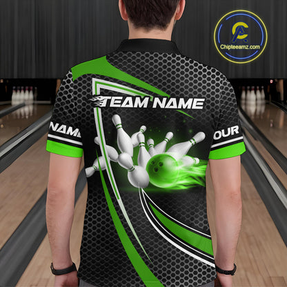 Black and Green Flame Bowling Shirts For Men Custom Team Bowling Jersey, Gift For Bowlers NQS10858