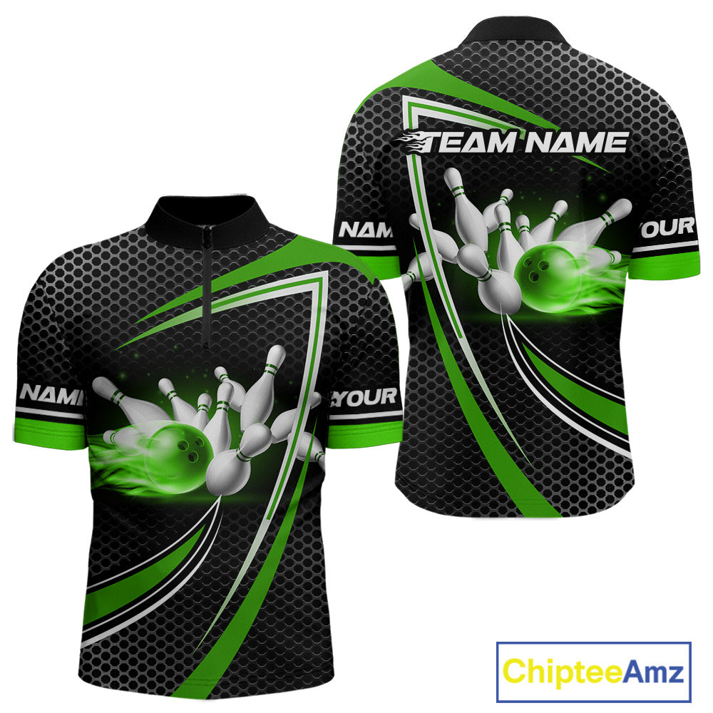 Black and Green Flame Bowling Shirts For Men Custom Team Bowling Jersey, Gift For Bowlers NQS10858