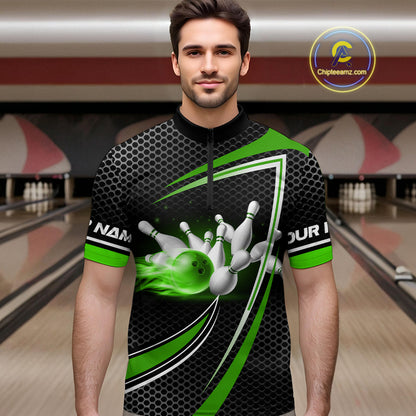 Black and Green Flame Bowling Shirts For Men Custom Team Bowling Jersey, Gift For Bowlers NQS10858