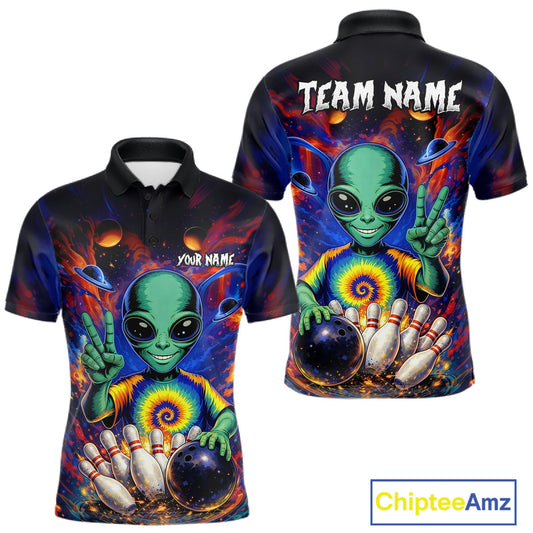 Funny Colorful Galaxy Alien Bowling Shirts For Men Custom Bowling Team Outfit, Gift For Bowler NQS11444