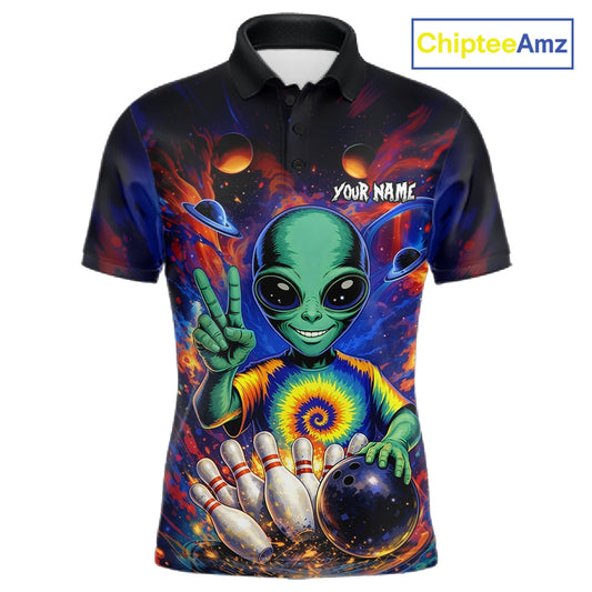 Funny Colorful Galaxy Alien Bowling Shirts For Men Custom Bowling Team Outfit, Gift For Bowler NQS11444